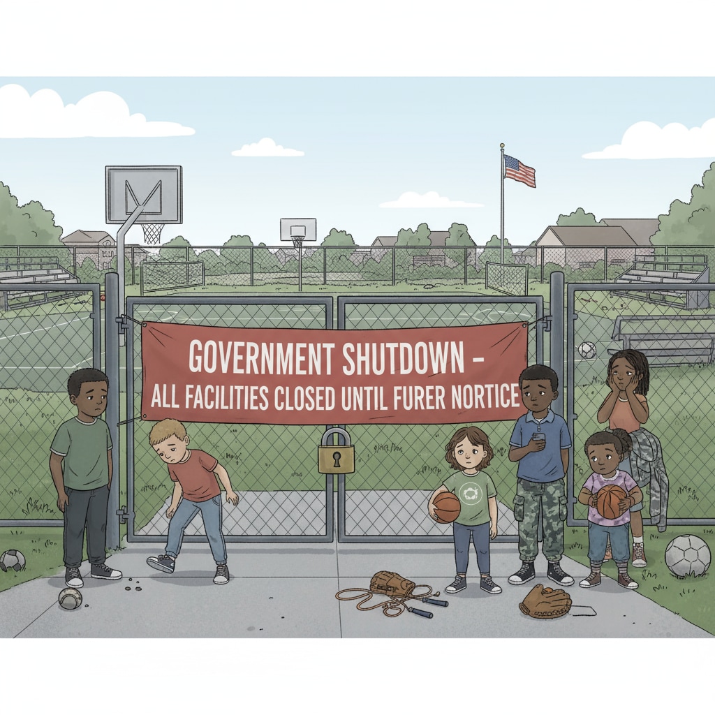 A scene shows military children looking disappointed as the sports facilities are idle because of the government shutdown, indicating the negative impact on their sports activities. Military children affected by government shutdown in sports activities