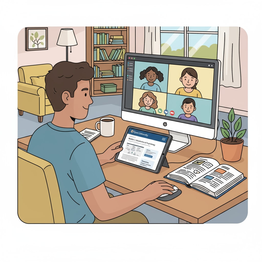 A student studying from home using online resources provided by the Open University A dropout studying through the Open University's online platform as a means of returning to education in the UK