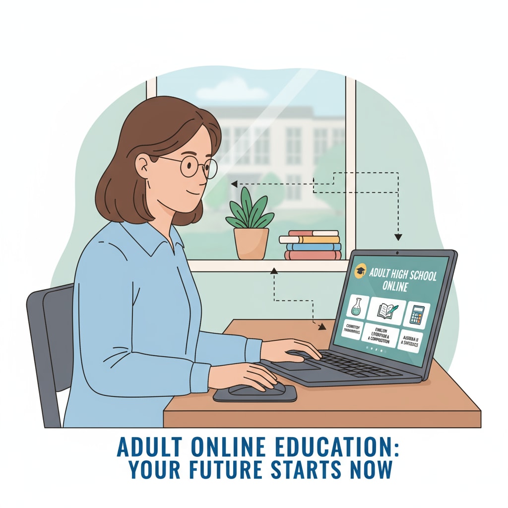 An adult is shown sitting at a desk, studying online courses on a laptop, which represents the concept of adult online high school education. Adult studying online high school courses on a laptop