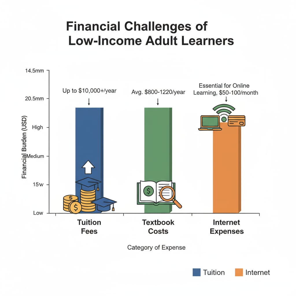 A graph shows the various financial challenges faced by low-income adult learners, including tuition fees, textbook costs, and internet expenses. Graph of financial challenges for low-income adult learners