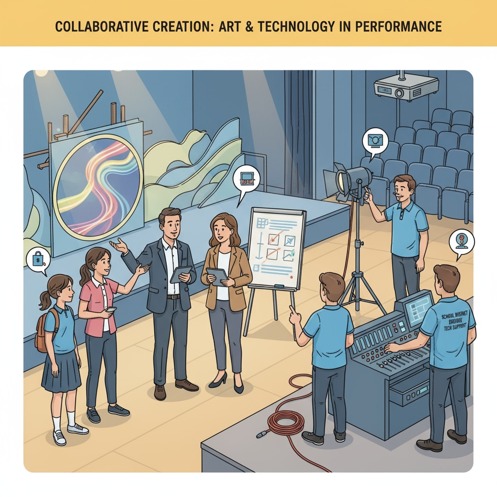 A scene where students and teachers are engaged in a discussion about an art performance, with technical staff from the school district providing guidance. Students and teachers discussing art performance with school district technical support