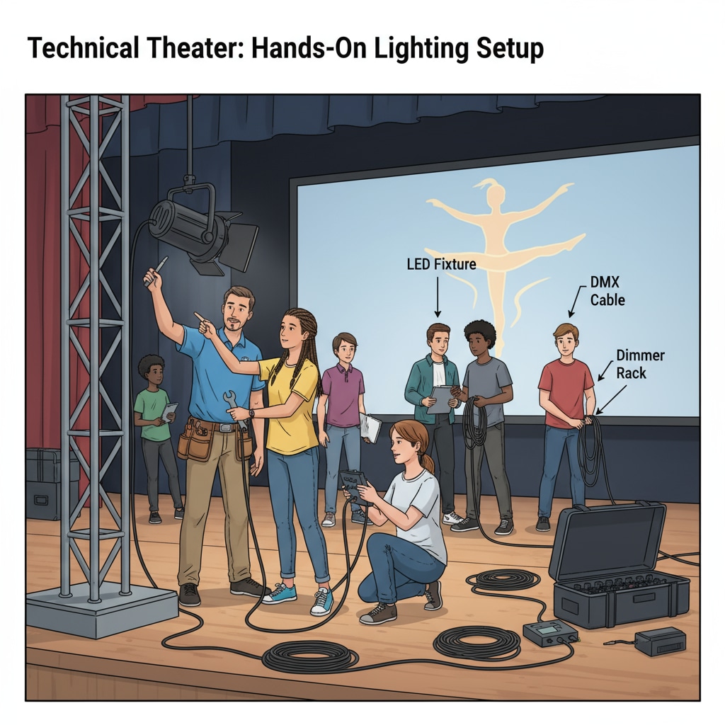 Technical staff from the school district are helping students set up lighting for an art performance, showing hands-on support. School district technical staff assisting students with lighting for art performance