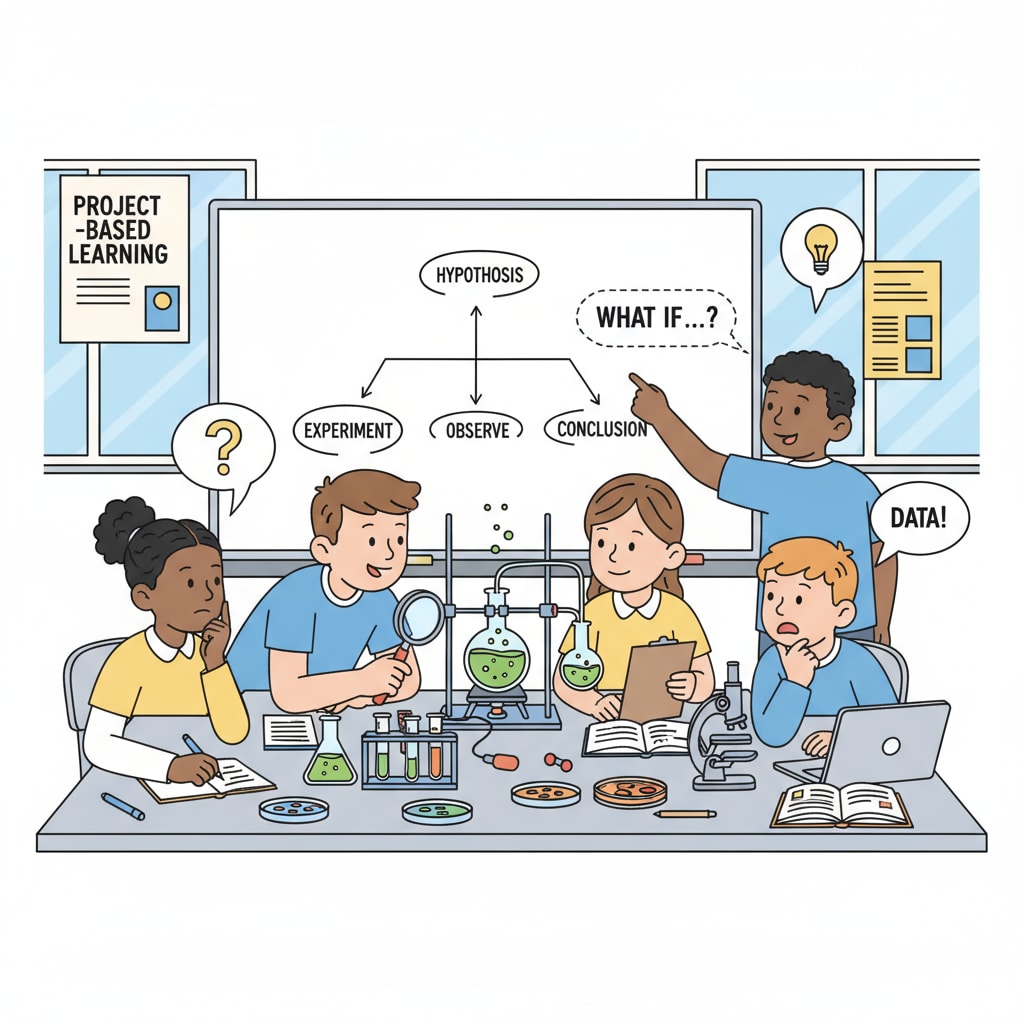 A group of students are collaborating on a science project. They are conducting experiments, taking notes, and discussing their findings, which is an example of project - based learning. Students collaborating on a science project as part of alternative homework and teaching strategies