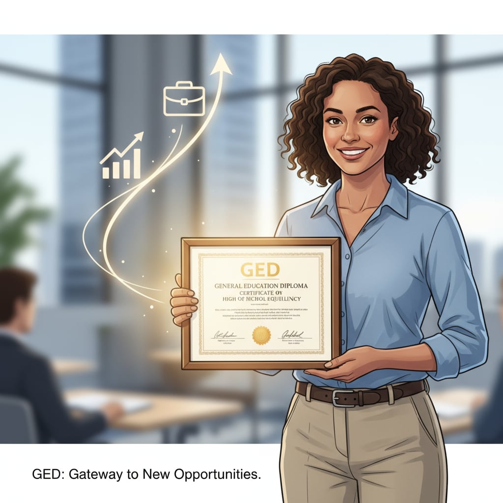 A person smiling while holding a GED certificate, symbolizing hope for better employment A person with a GED certificate showing positive outlook on employment prospects