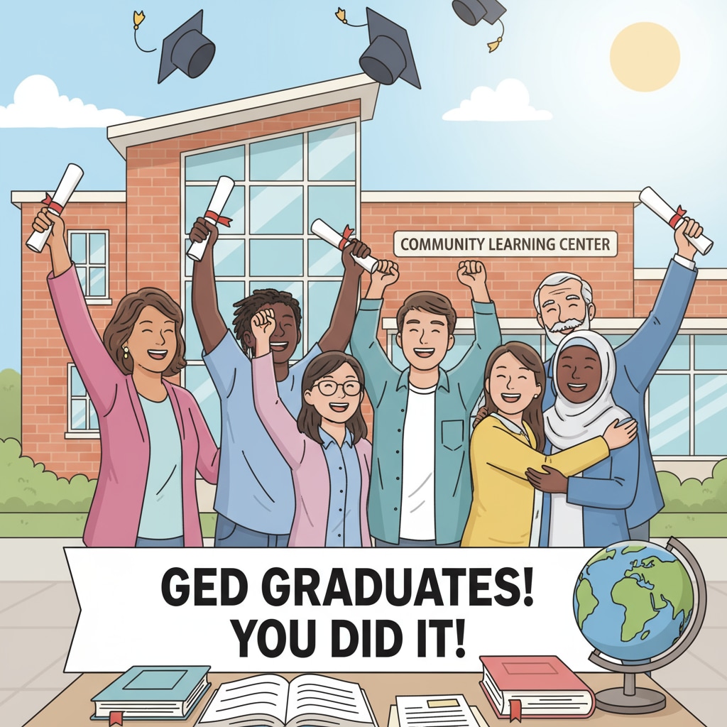 A group of people with diverse backgrounds celebrating after receiving their GED certificates Group of individuals celebrating their GED achievements and new employment prospects