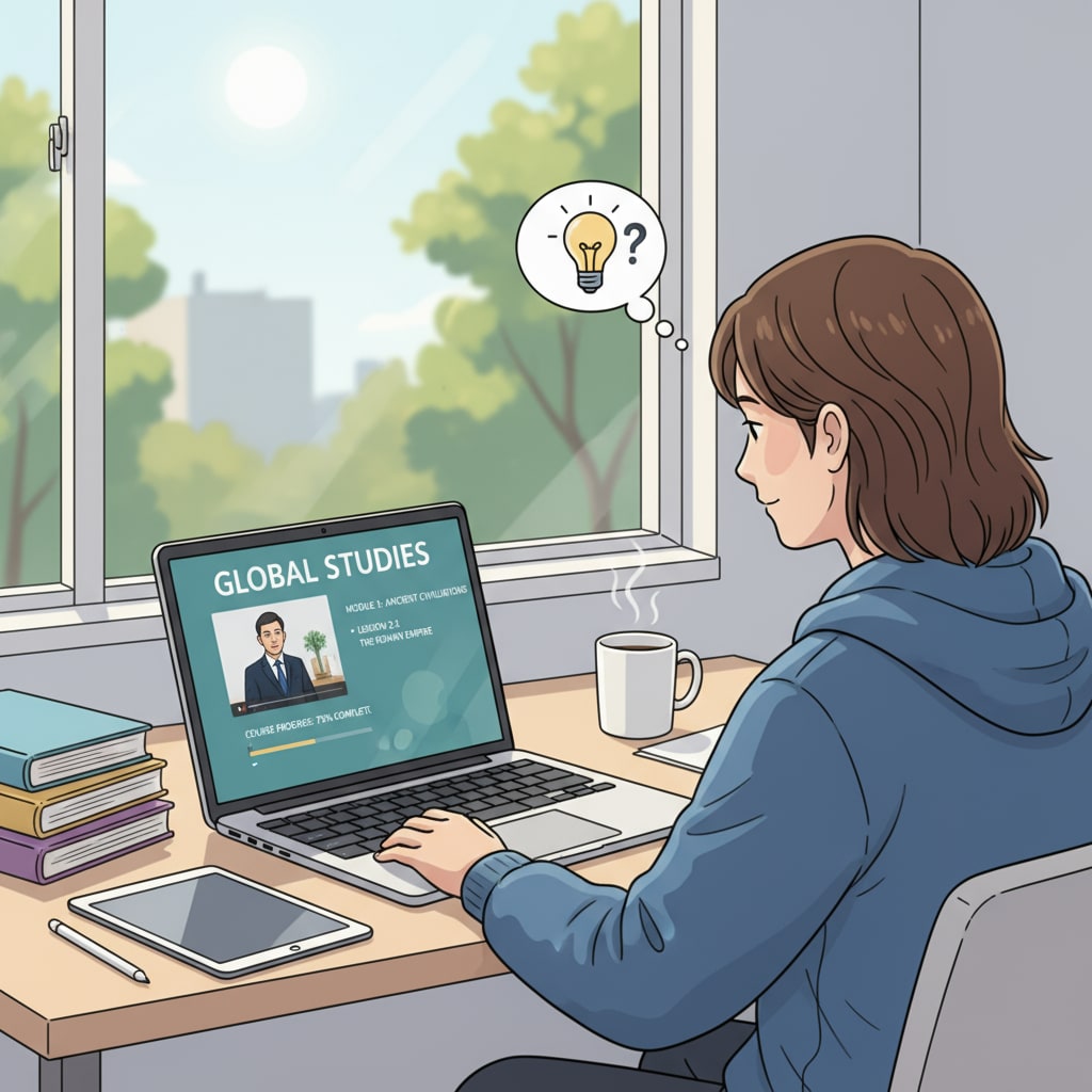 A person is sitting at a desk, focused on a laptop with an open online education course. A person studying online for career security through high school equivalency.
