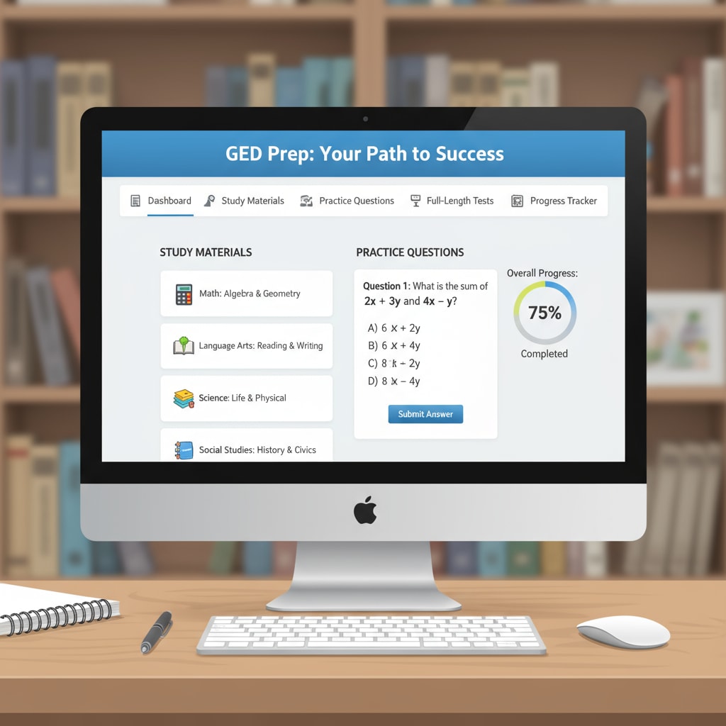 The screen of a computer displays an interactive online GED preparation course with study materials and practice questions. Online GED preparation course for achieving high school equivalency and career security.