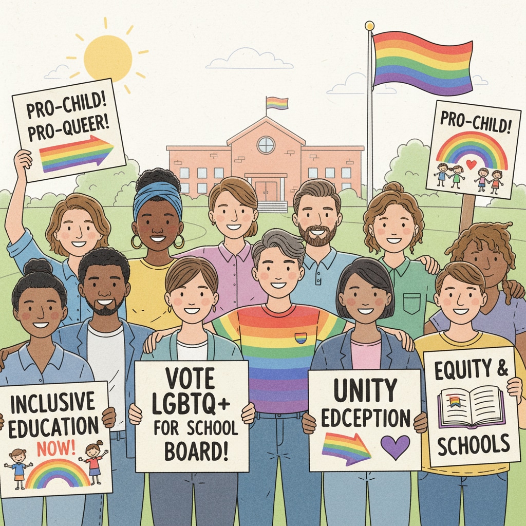 A group of people holding signs in support of LGBTQ+ candidates for school boards, showing unity and support for inclusive education. A group showing support for LGBTQ+ candidates in school board elections to counter far-right influence