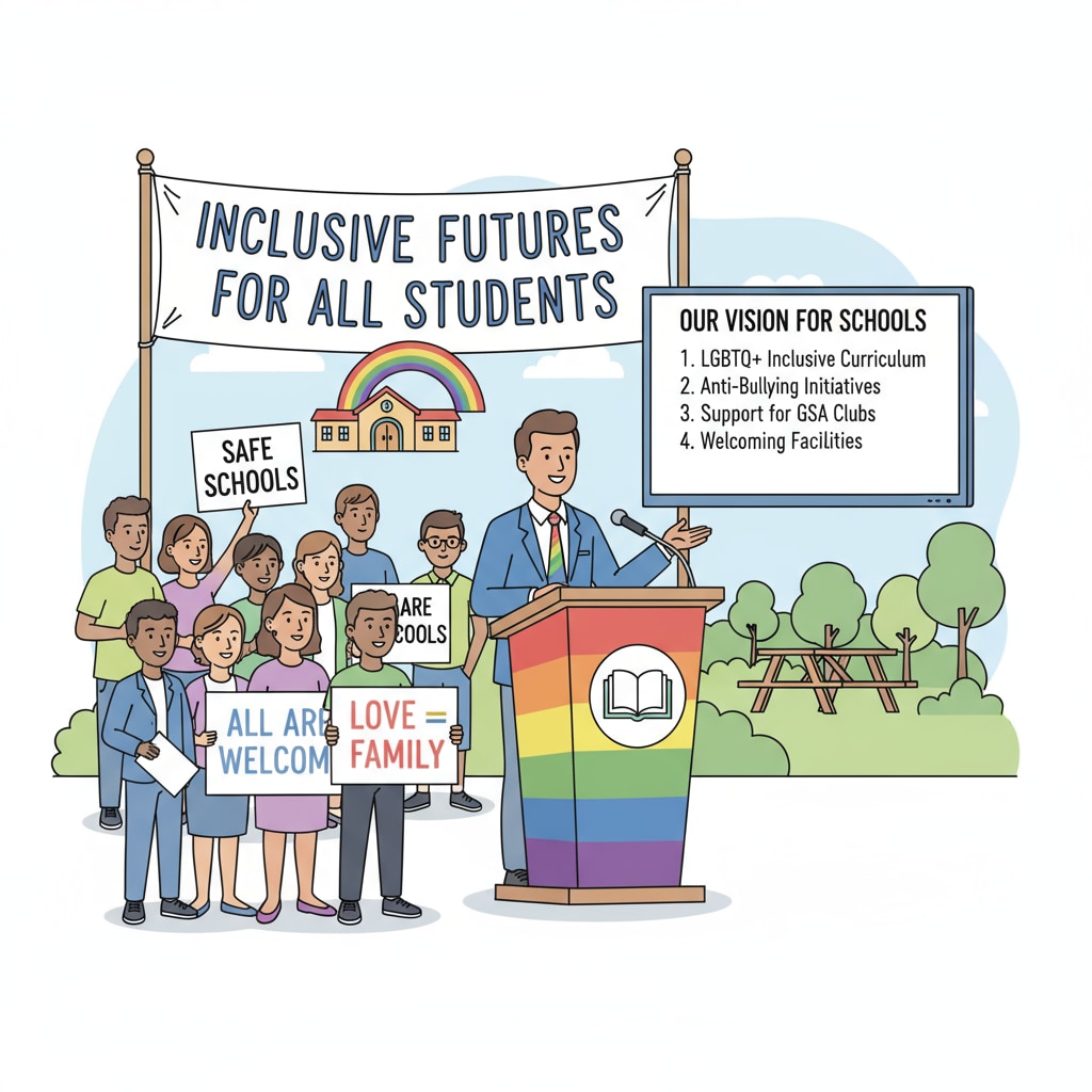 An LGBTQ+ candidate giving a speech at a community event, highlighting their vision for inclusive school board policies. An LGBTQ+ candidate speaking about inclusive school board policies to counter far-right influence