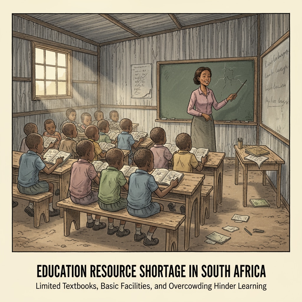 A classroom in a poor area of South Africa with simple facilities, showing the resource shortage problem in education. Education inequality in South Africa as shown by a poorly equipped classroom