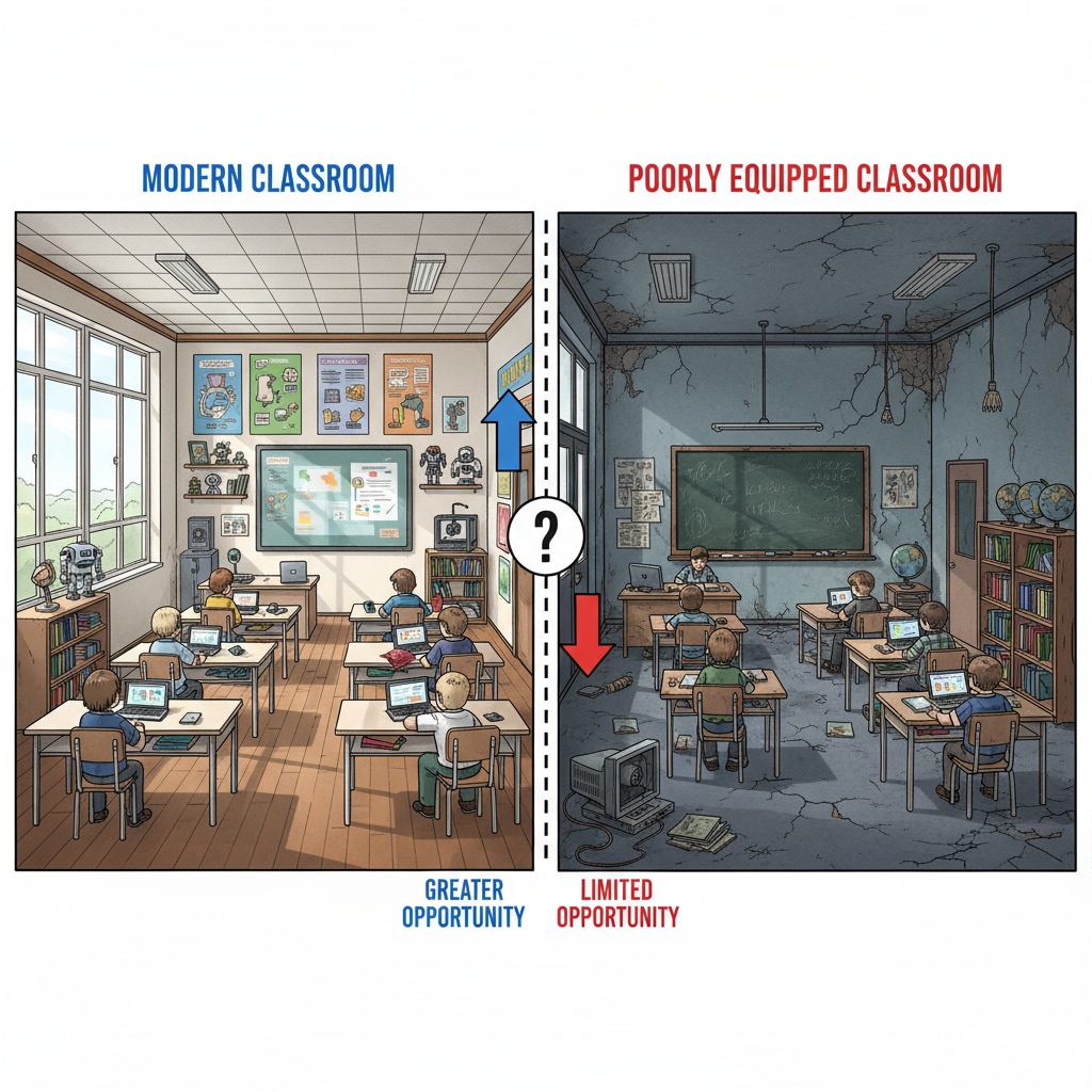A side-by-side comparison of a modern, well-equipped classroom and a shabby, poorly equipped classroom, highlighting the resource gap. Resource allocation inequality in South African education through classroom comparison