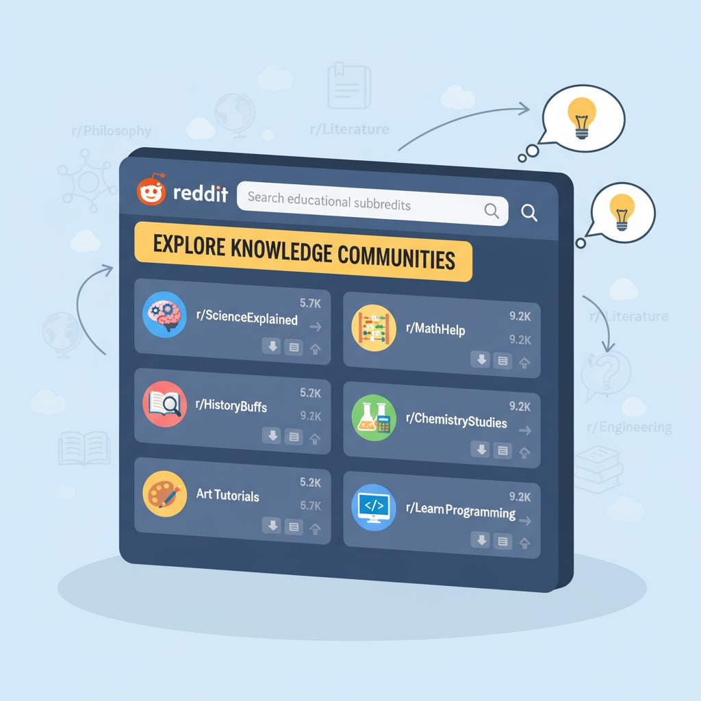 A visual representation of Reddit's interface highlighting educational subreddits Visual of Reddit's interface showing educational subreddits in the community rules, educational networks, and subreddits context
