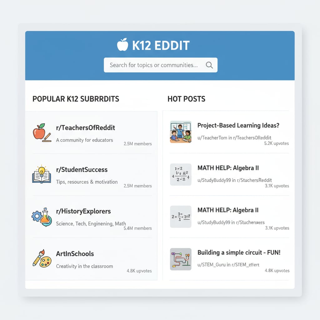 A screenshot of popular K12 educational subreddits Screenshot of popular K12 educational subreddits related to community rules, educational networks, and subreddits