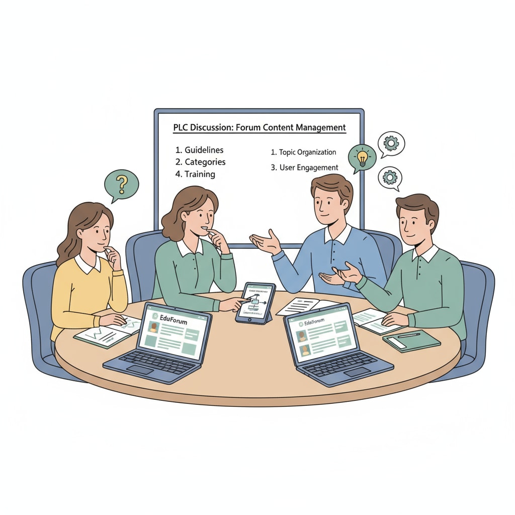 A group of educators are engaged in a discussion within a PLC about how to manage content on an education forum. A PLC discussion related to forum content management including post removal