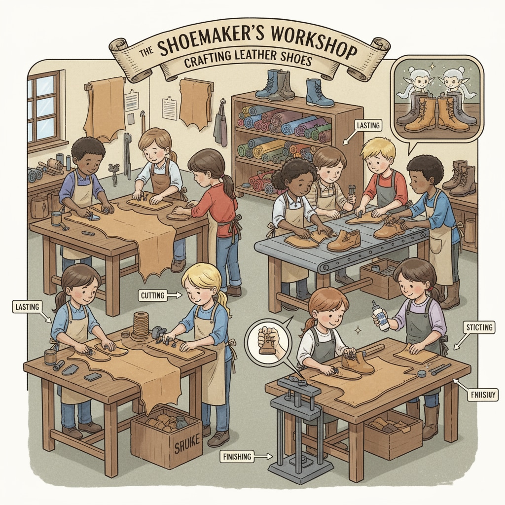 Children making leather shoes inspired by The Shoemaker and the Elves story