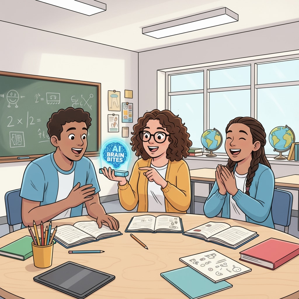 An illustration depicting students sitting around a table, with one student reading out a fun fact from a device that represents AI Brain Bites. All students are showing signs of excitement and engagement. Students actively engaged while learning fun facts from AI Brain Bites
