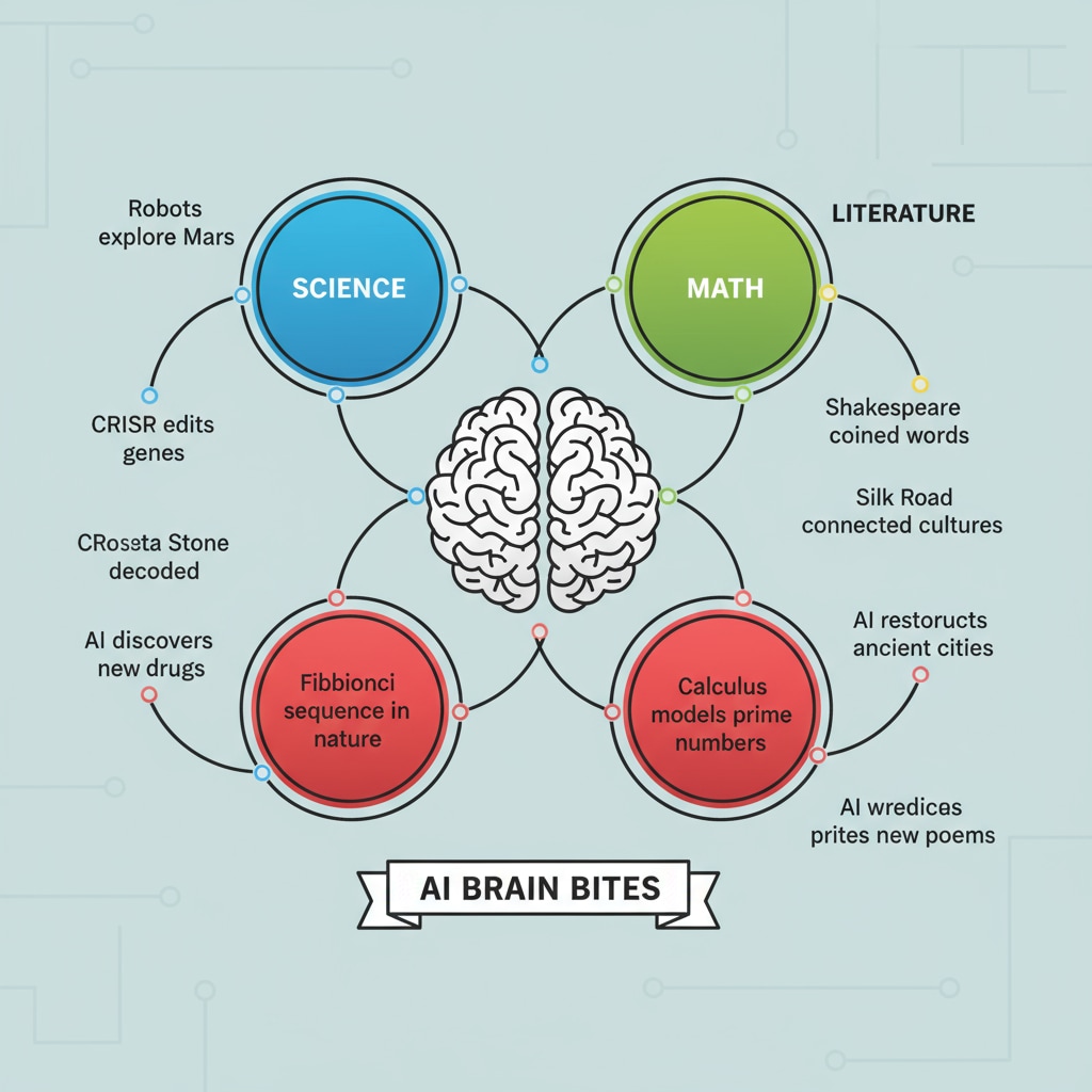 A graphic with different colored circles representing various educational subjects such as science, history, math, and literature. From each circle, there are lines with fun facts written on them, showing the output of AI Brain Bites. Graphic showing educational subjects and fun facts generated by AI Brain Bites