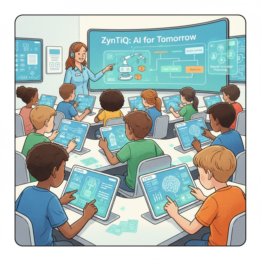 Students are actively involved in learning artificial intelligence on the ZynTiQ platform, with various AI-related learning materials on the screen. Students learning AI on ZynTiQ platform for artificial intelligence education, lifetime membership, and course certification