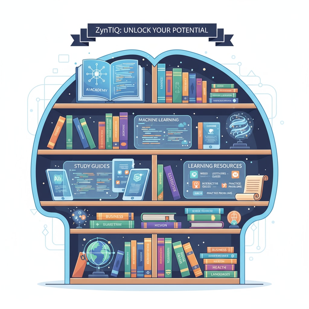 A visual display of ZynTiQ's diverse course library, filled with AI courses, study guides, and learning resources. ZynTiQ's course library for artificial intelligence education, lifetime membership, and course certification