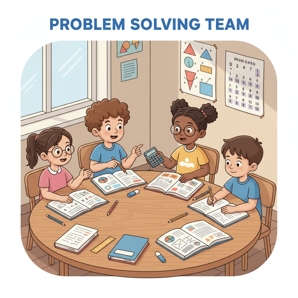 A group of 9-year-old children are sitting around a table, looking at math books and discussing problems together. 9-year-old children studying math to overcome weak math abilities