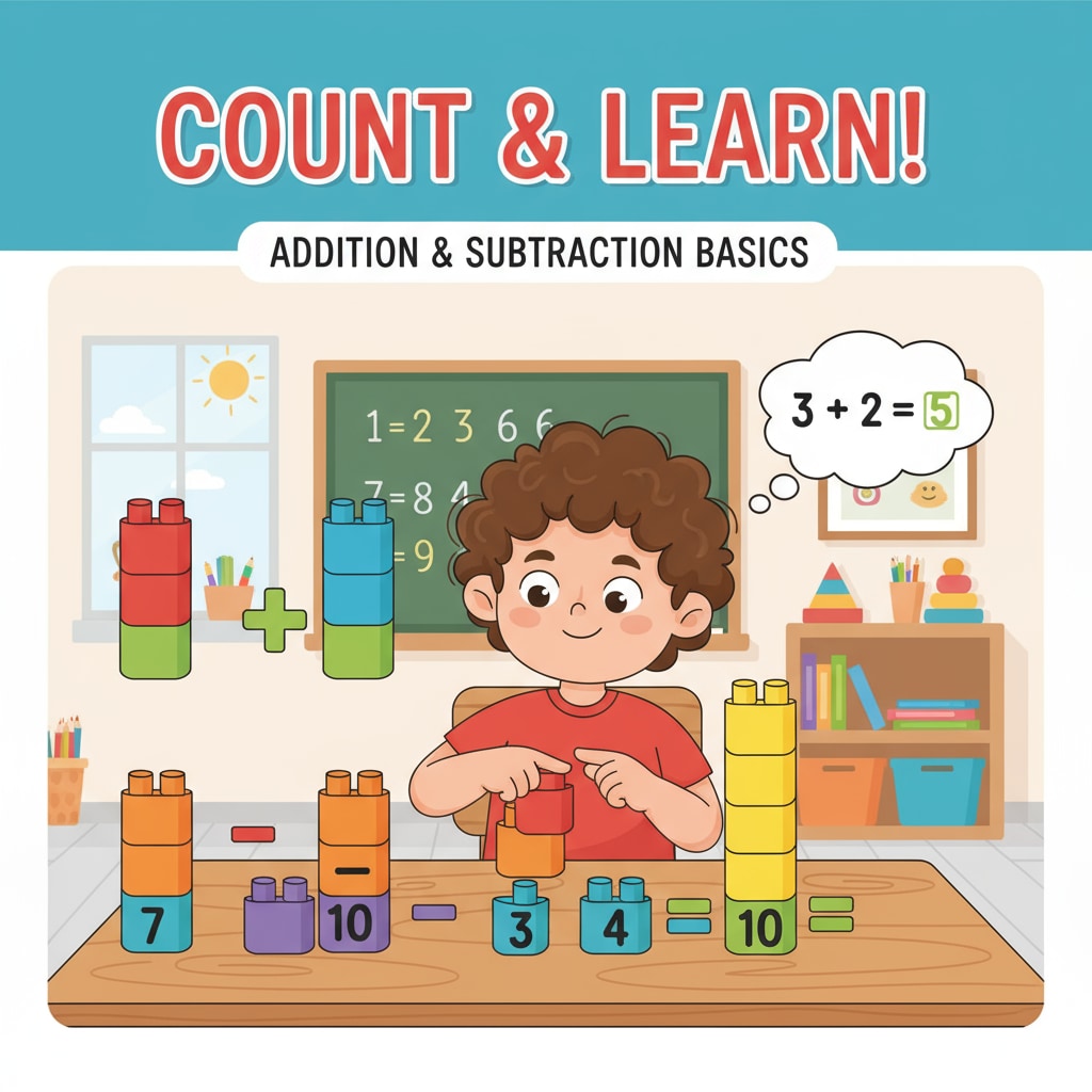A child is using colorful blocks to count and learn basic arithmetic operations, showing an engaged expression. A child using manipulatives to improve weak math abilities
