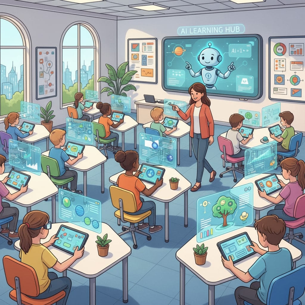 Students in a modern classroom with AI devices, engaging in interactive learning Students using AI devices in a classroom setting related to AI courses, prompt writing, and the future of education