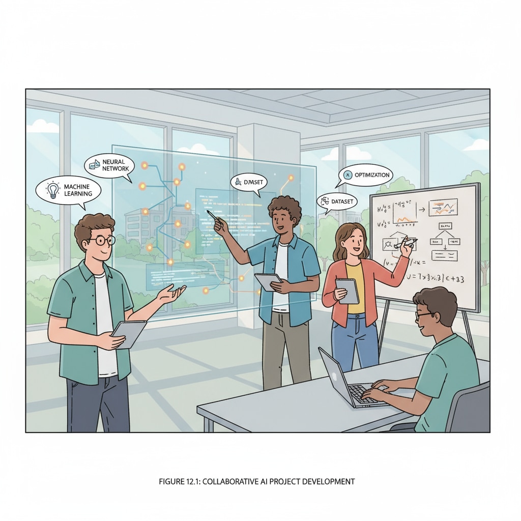 A group of students collaborating on an AI project, discussing algorithms and data Students collaborating on an AI project, which is relevant to AI courses, prompt writing, and the future of education