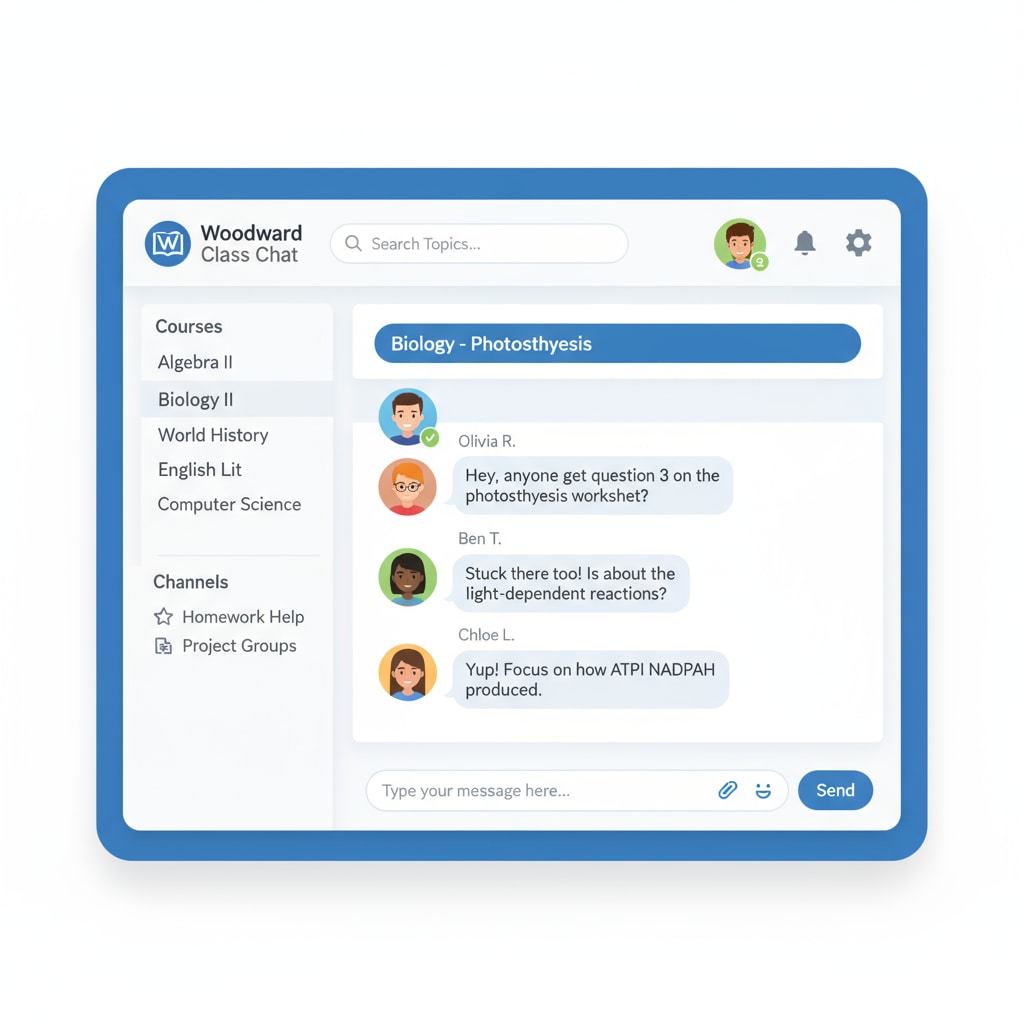 A screenshot of the Woodward class chat platform interface showing a friendly and intuitive layout Woodward class chat platform interface screenshot