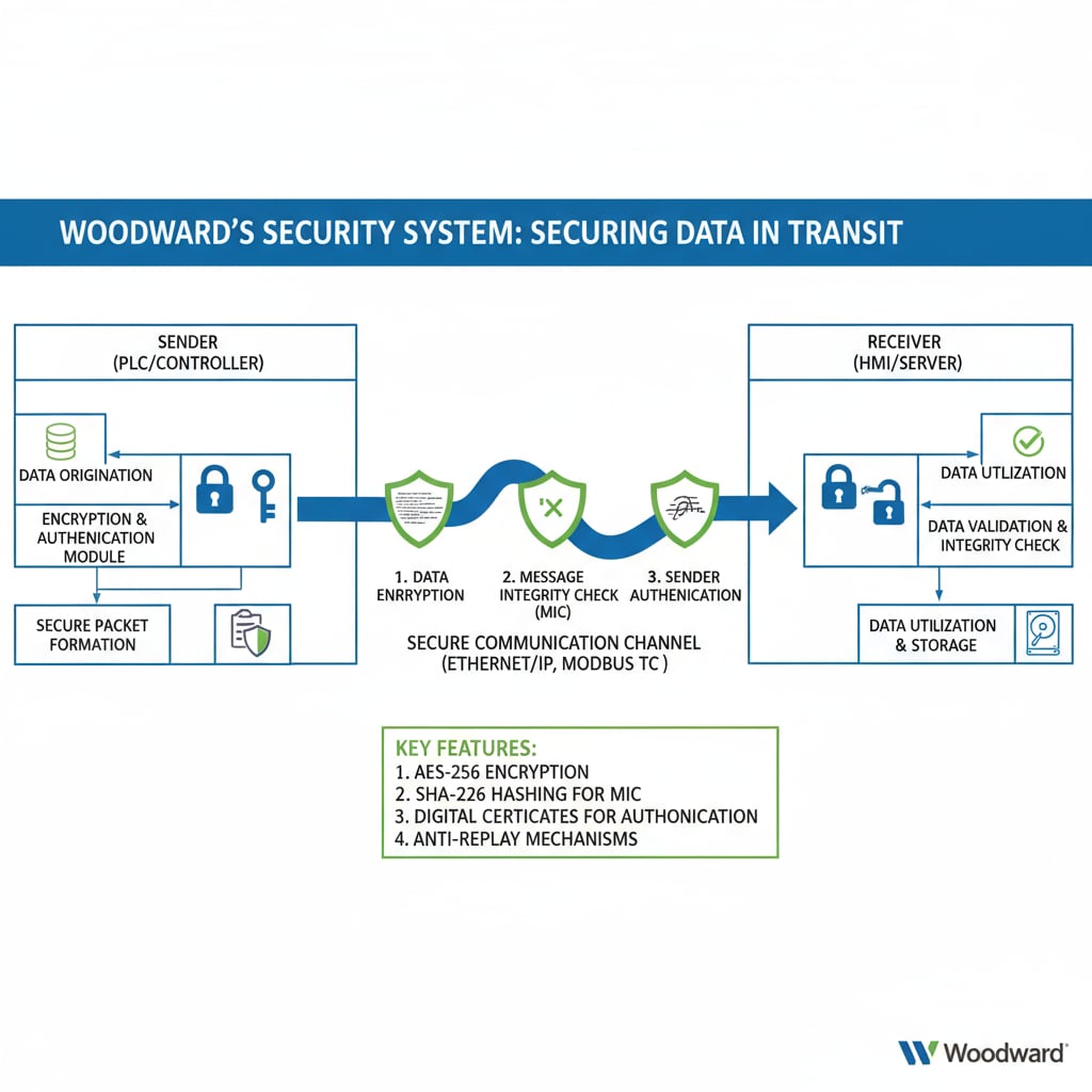 A diagram showing how Woodward's security system protects data during communication Diagram of Woodward's security system for data protection