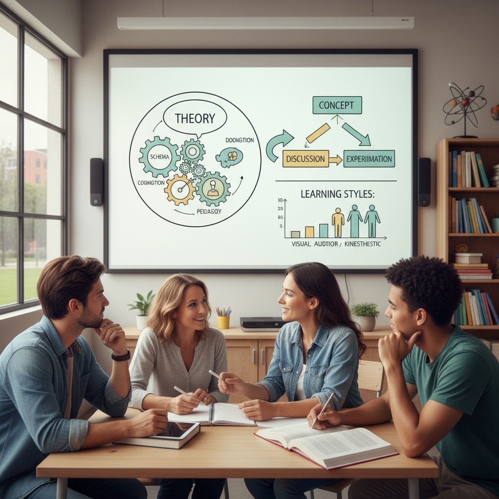 A group of students are having a discussion about theory concepts in a classroom setting. Students with attention deficit discussing theory concepts to find better learning methods.
