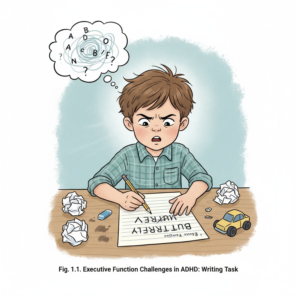 A child with ADHD is seen struggling to write a word on a piece of paper, with a confused expression on their face. A child with ADHD struggling with spelling