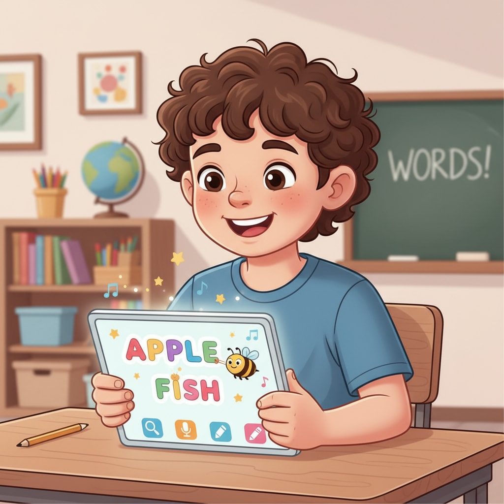 A young child is happily using an interactive tablet app with colorful spelling games and exercises. A child using an interactive spelling app for ADHD