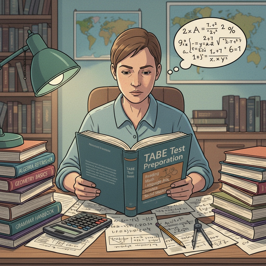 A young person is sitting at a desk, surrounded by books and papers, studying intently for the TABE test. There is a calculator and a pencil on the desk, indicating their preparation for the math section. A young person studying for the TABE test which is important for EMT training and becoming a firefighter, focusing on math learning.