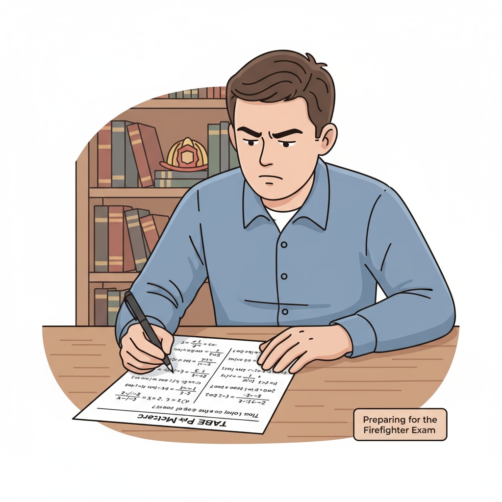 A person is sitting at a table with a piece of paper filled with math problems related to the TABE test. They are concentrating hard, using a pen to solve the equations, showing their effort in math learning for the test to become a firefighter. A person solving math problems relevant to the TABE test which is crucial for EMT training and the firefighter career path.