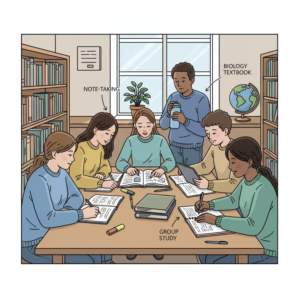 A group of high school students are sitting around a table in the library, with books and notebooks open, engaged in studying together. High school students studying together for baccalauréat preparation