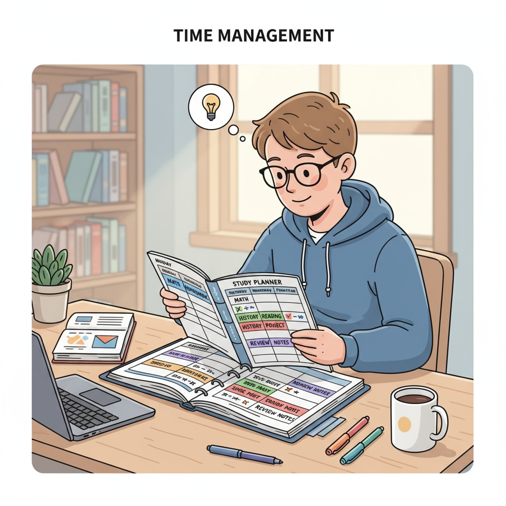 A student is sitting at a desk, looking at a planner with different study tasks and time slots marked. Student using a planner for baccalauréat time management