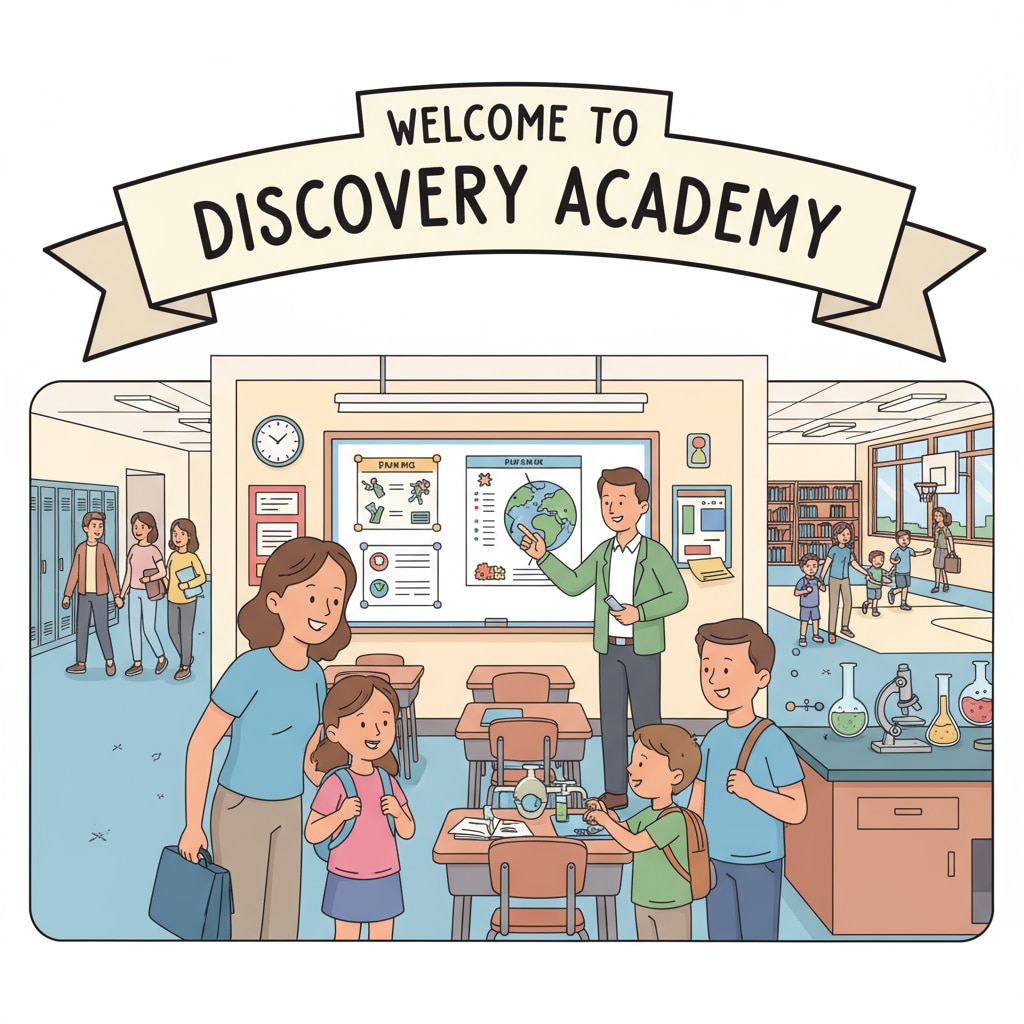 A group of parents and children are exploring a public school campus, looking around classrooms and various facilities to get a feel for the school environment. Parents and children visiting a public school to make educational choices