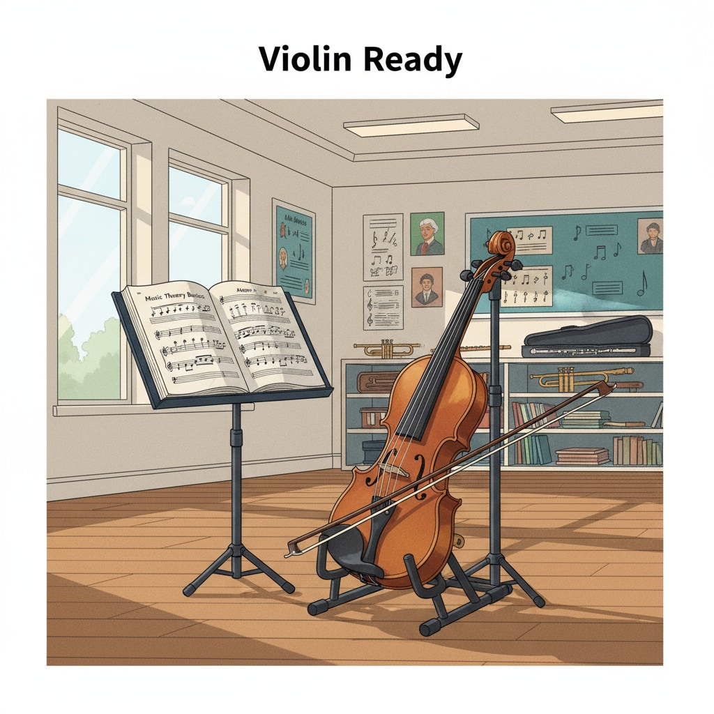 A violin is neatly placed on a stand in a well-lit school music room, ready to be played. A violin on a stand in a school music room, related to the incident of mistaking its sound for crying.