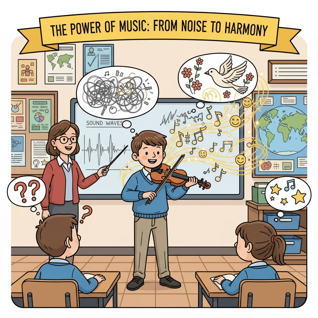 A young student is playing a violin in a classroom, creating beautiful sounds that were initially misinterpreted. A student playing a violin in a classroom, where the sound led to a misunderstanding.