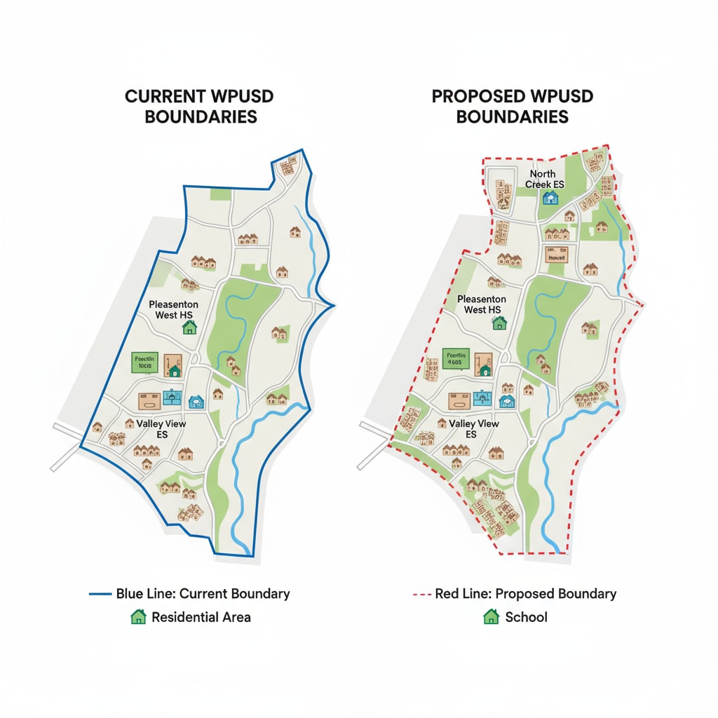 A visual representation comparing the current and proposed boundaries of the West Pleasanton Unified School District (WPUSD). Map showing WPUSD boundary redrawing proposal