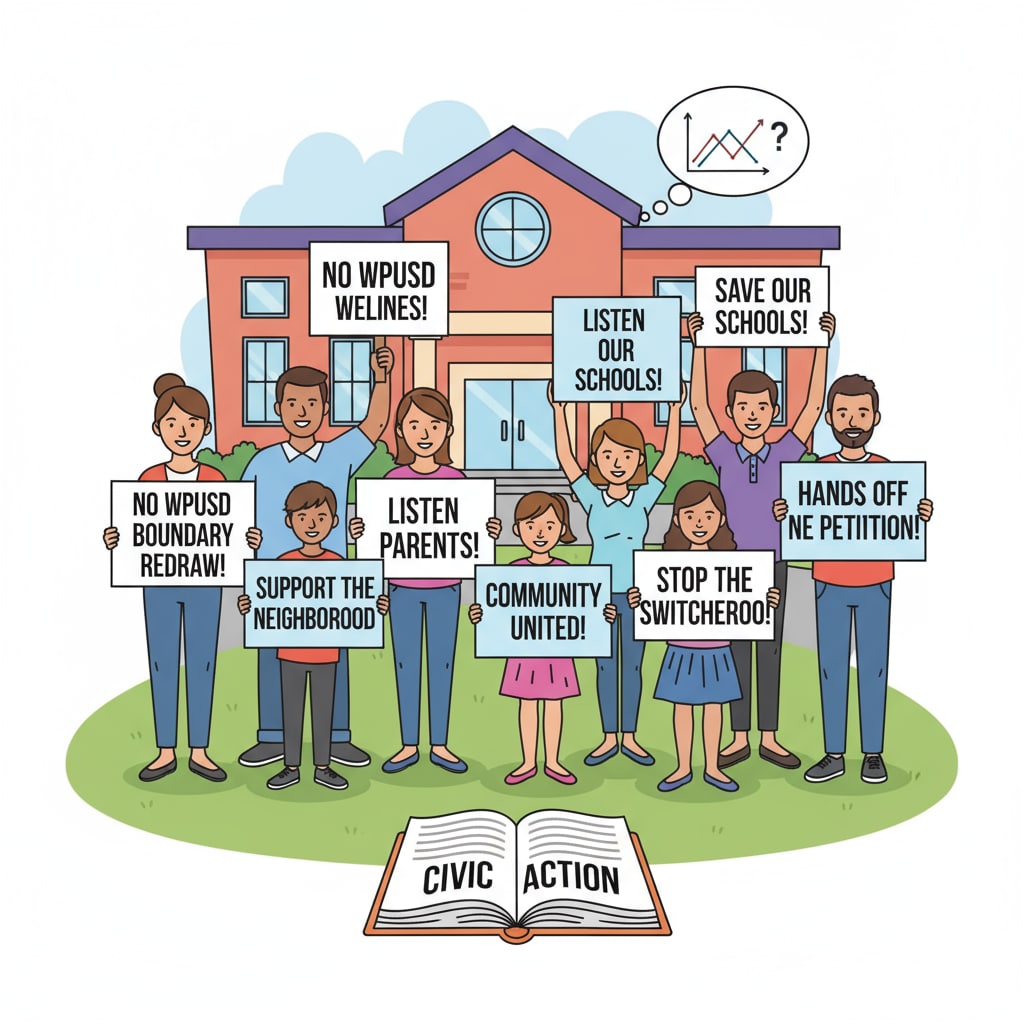 A group of community members holding signs with messages related to opposing the WPUSD boundary redrawing and supporting the petition. Community members supporting the petition against WPUSD boundary redrawing