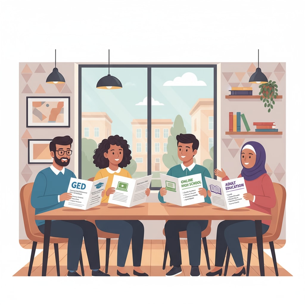 A group of students in a modern study environment, looking at different educational brochures representing various options like GED, online high school, and adult education. Students exploring alternative educational pathways for high school diploma