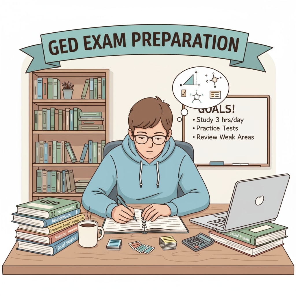 An individual sitting at a desk, surrounded by study materials, focused on preparing for the GED exam. Person studying for GED as an alternative high school diploma pathway