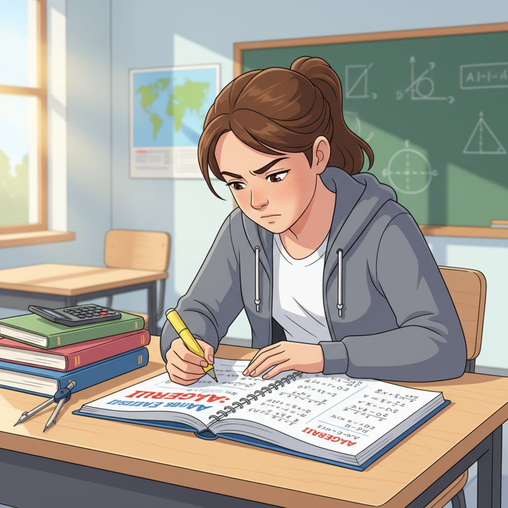 A student is sitting at a desk, intently studying a high school algebra workbook. The workbook is open to a page with algebraic equations. A student studying a high school algebra workbook