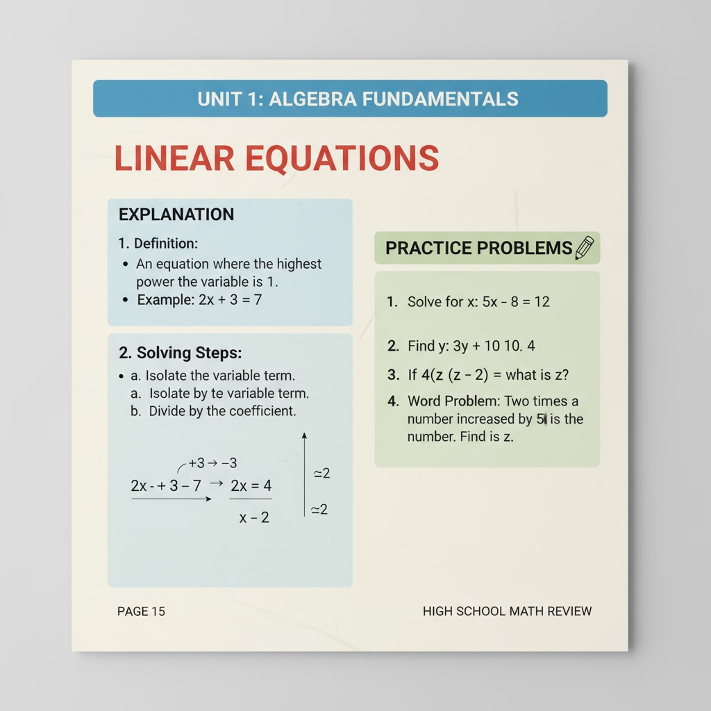 A close-up of a page from a high-quality high school basic knowledge review workbook. The page has clear headings, explanations, and practice problems. A page from a high-quality high school basic knowledge review workbook