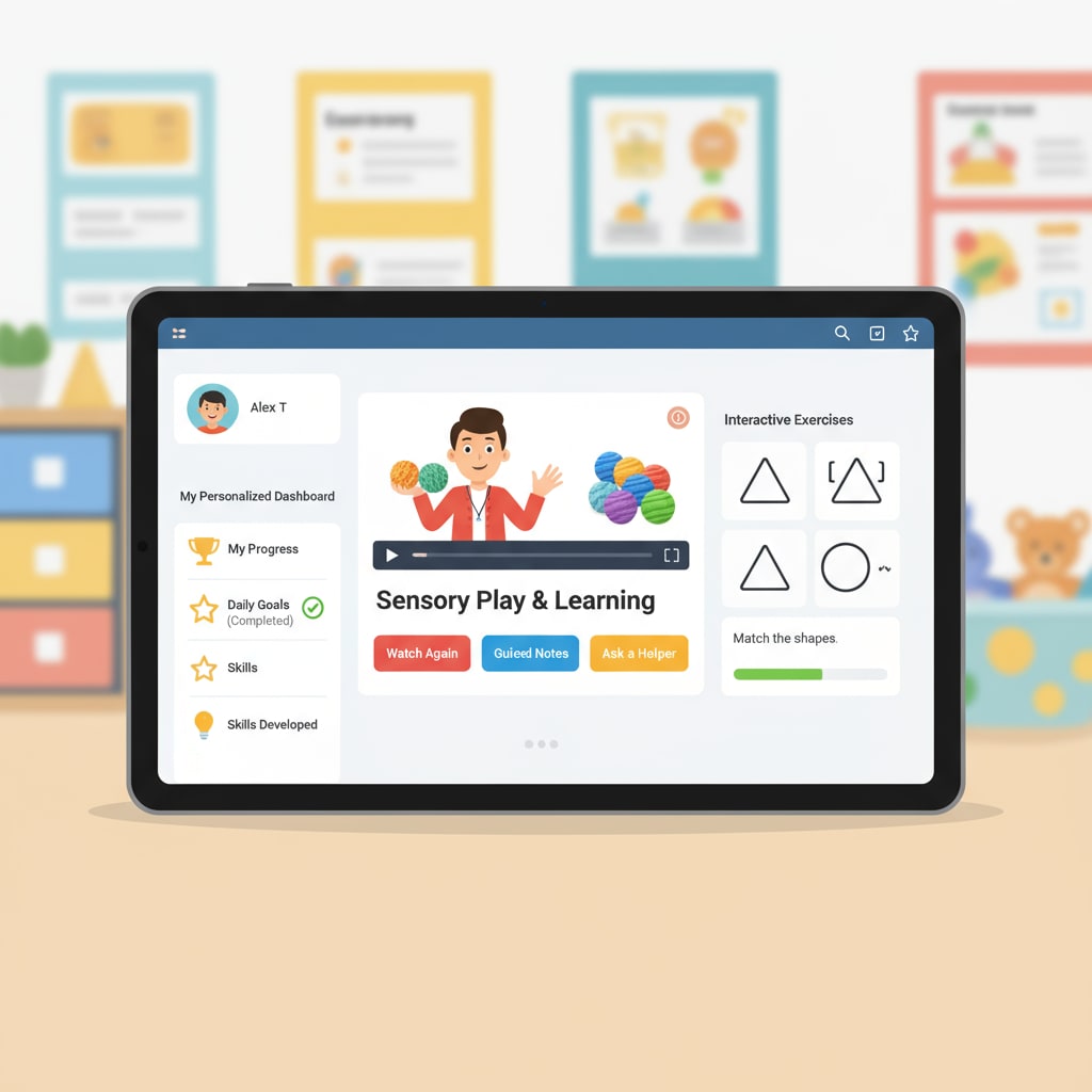 An image showing the interface of an online learning platform with features like clear video lessons, interactive exercises, and personalized dashboards, all tailored for special needs students. Online learning platform interface for autistic students in K12 for academic completion