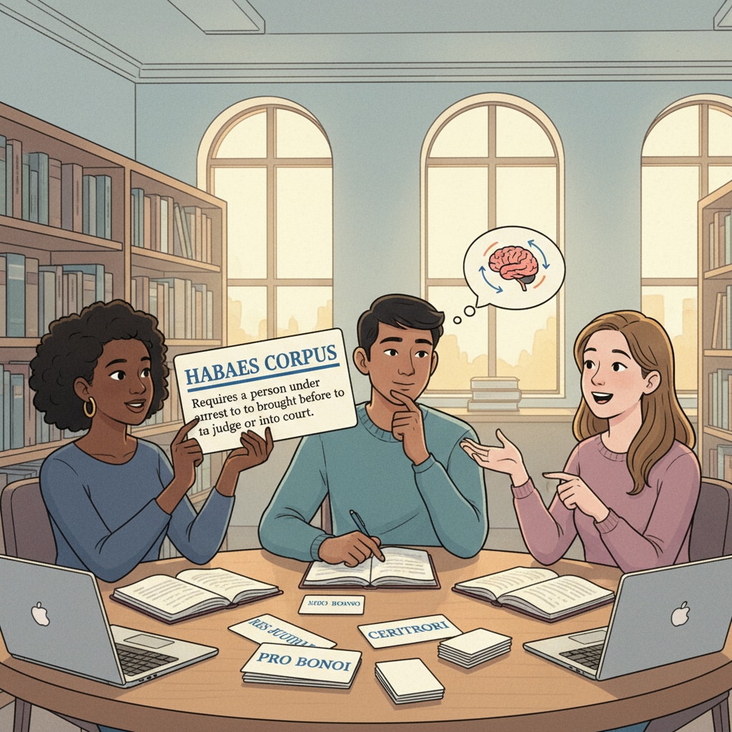 Students are using flashcards to quiz each other on legal terms, demonstrating active recall in legal learning. Students practicing active recall in legal learning using flashcards