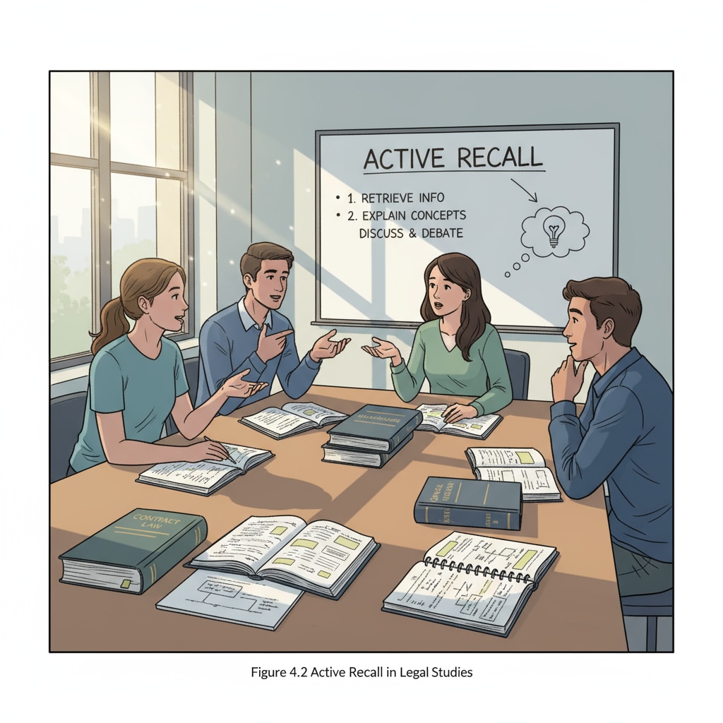 A group of students is engaged in a discussion about legal concepts, which is an example of active recall in the context of legal education. Group of students engaged in active recall of legal concepts