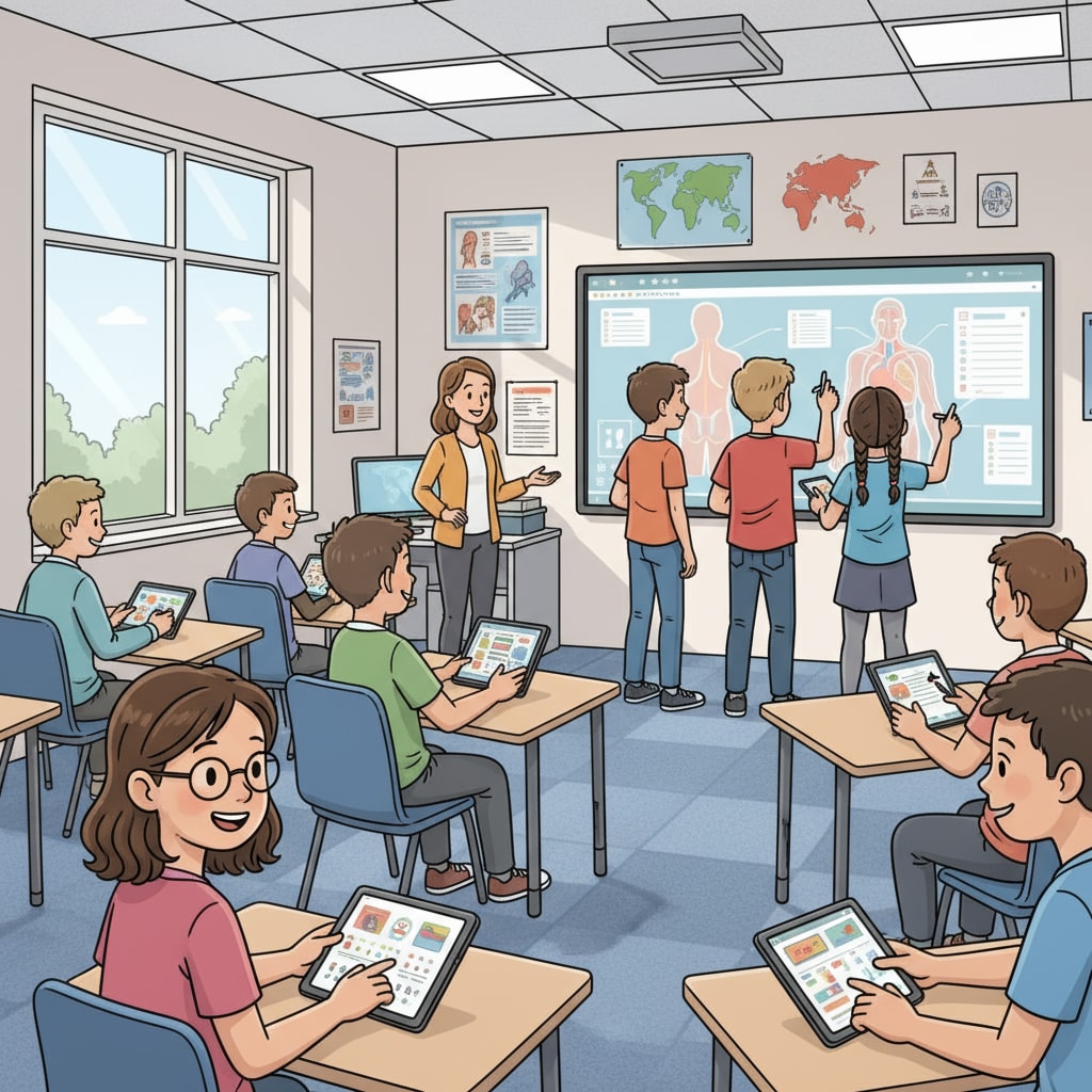 A classroom scene where students are interacting with interactive educational technology tools such as tablets and an interactive whiteboard. Students using educational technology tools to enhance classroom learning and engagement