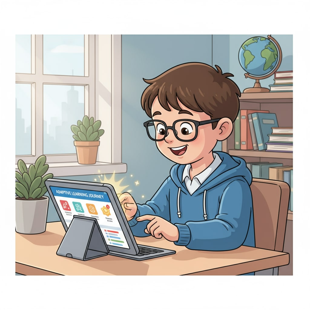 A student is sitting at a desk, focused on using an adaptive learning platform on a tablet, with a positive expression indicating engagement. Student using an adaptive learning platform for personalized classroom learning